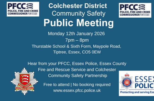 Poster advertising PFCC district Colchester Public Meeting