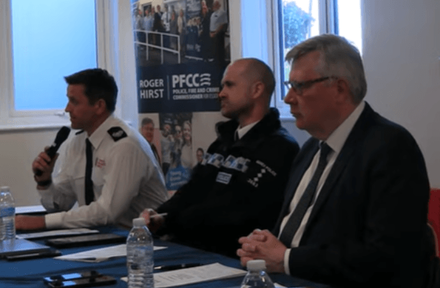 Image of panel at the Brentwood Public meeting, with PFCC, CH/Insp and Area Manager ECFRS