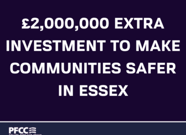 Navy blue graphic with £2,000,000 extra funding to make communities safer in Essex written in white.