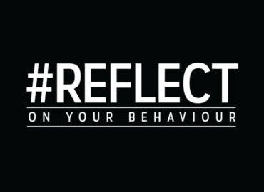 White #Reflect on your behaviour logo on a black background.