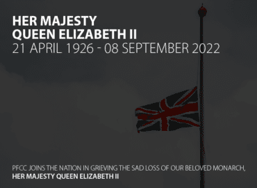 The Union Jack flag flying at half mast. Her Majesty Queen Elizabeth the Second 21 April 1926 to 08 September 2022 PFCC joins the nation in grieving the sad loss of our beloved monarch.