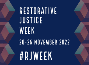 Navy graphic with text that reads "Restorative Justice Week 20-26 November 2022 #RJWeek"
