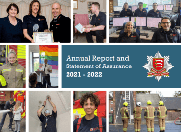 The front cover of the annual report which shows a collection of photographs featuring firefighters and support staff as well as the Essex County Fire and Rescue Service crest.