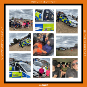 A collection of images from events with young people. They are pictured in a police car, smiling, waving and having fun.