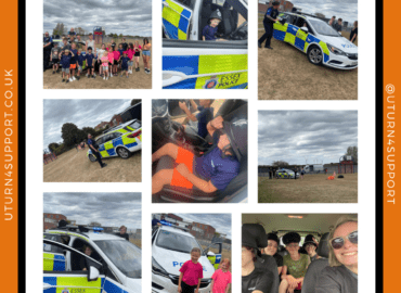 A collection of images from events with young people. They are pictured in a police car, smiling, waving and having fun.