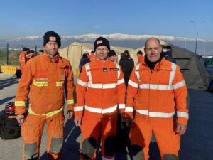 Bryn Jones, Scott Meekings and Steve Smith arrive at the airport in Turkey ready to help the rescue effort.