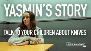 A teenage girl sits in a police interview room. There is a caption Yasmin's story - talk to your children about knife crime.