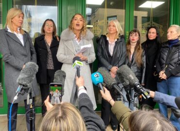 Georgia reads her statement on the steps of Chelmsford Crown Court to journalists. She is being supported by Essex Police officers and her family and friends.