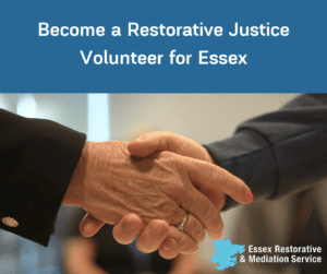 An image of two people shaking hands. With text above image that reads 'become a restorative justice volunteer for Essex'