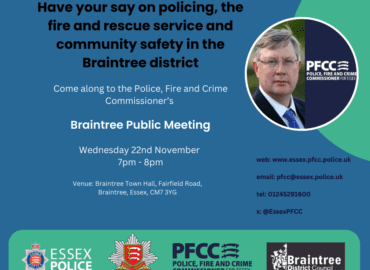 PFCC poster for the Braintree public meeting 22nd November 2023